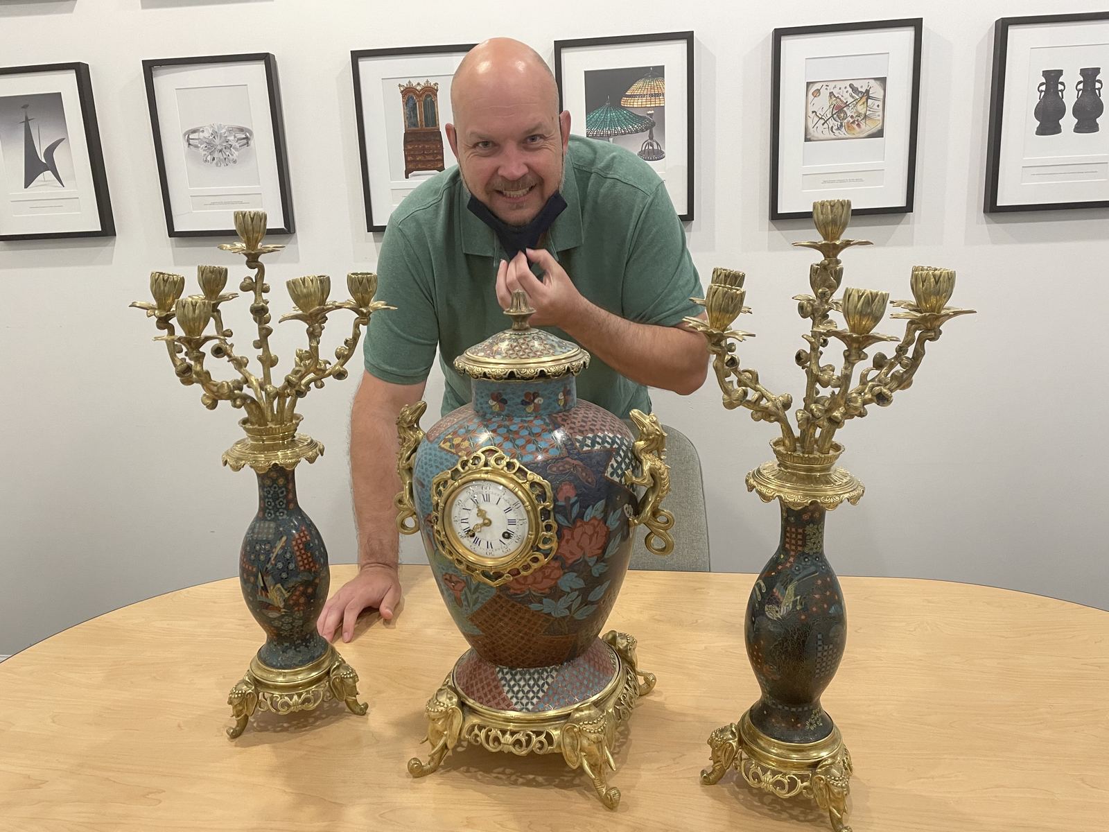 Dmitriy Bushmakin with a French cloisonné and gilt-bronze clock garniture